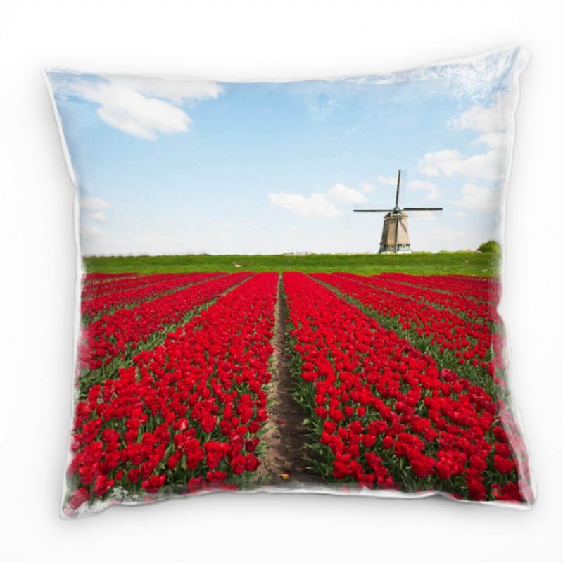 Blumen, rot, blau, Windmühle, Tulpen Deko Kissen 40x40cm für Couch Sofa Lounge Zierkissen