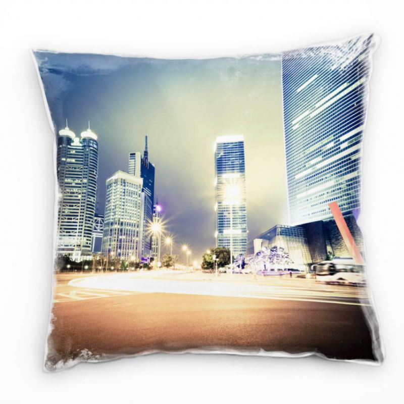 Urban und City, orange, blau, Nacht, Hochhäuser Deko Kissen 40x40cm für Couch Sofa Lounge Zierkissen