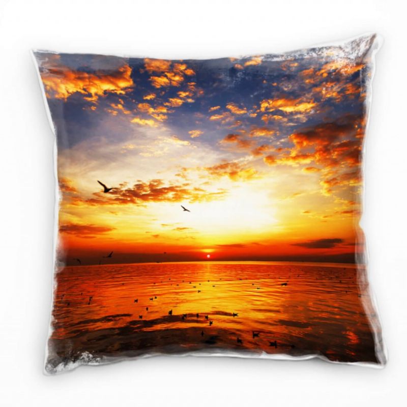 Strand und Meer, rot, blau, Vögel, Sonnenuntergang Deko Kissen 40x40cm für Couch Sofa Lounge Zierkis