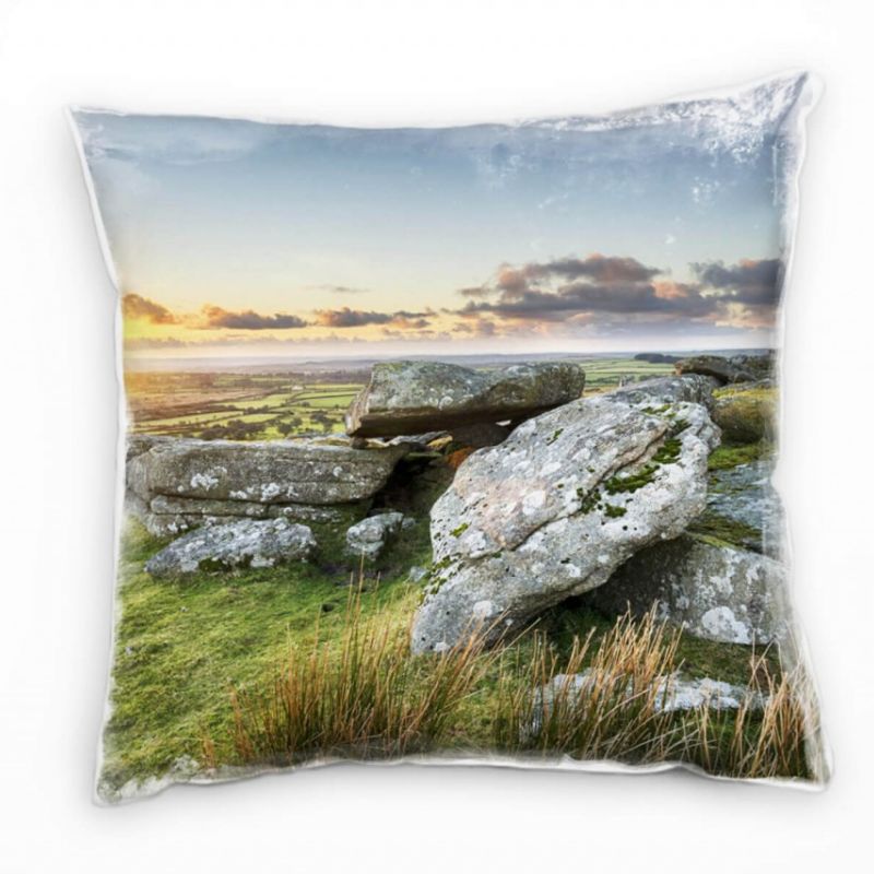 Landschaft, Sonnenuntergang, Felsen, grün, gelb Deko Kissen 40x40cm für Couch Sofa Lounge Zierkissen