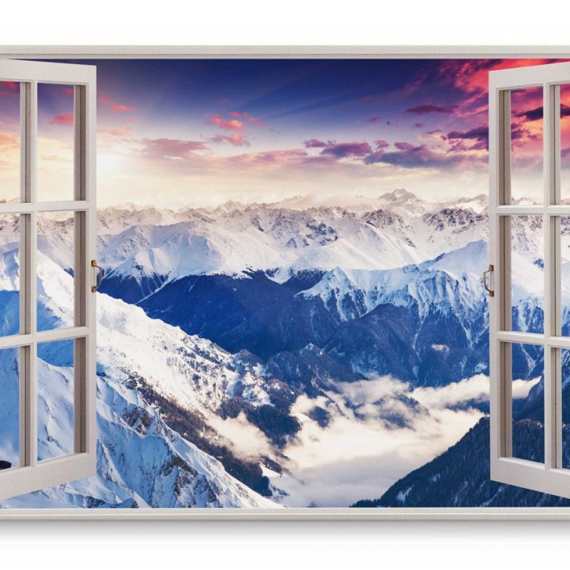 Wandbild 120x80cm Fensterbild Alpen Gebirge Schneegipfel Sonnenuntergang Blau