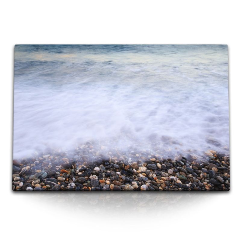 120x80cm Wandbild auf Leinwand Strand runde Steine Wellen Meer Ozean