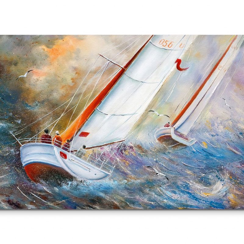 120x80cm Wandbild Segelboote Meer Wellen Wolken