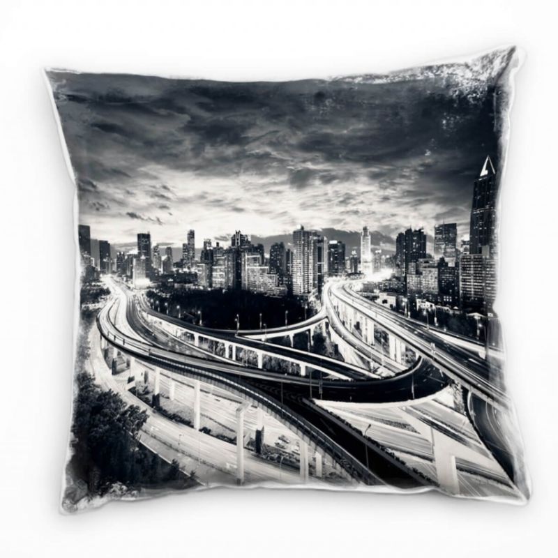 Urban und City, schwarz, weiß, Shanghai, Nacht Deko Kissen 40x40cm für Couch Sofa Lounge Zierkissen