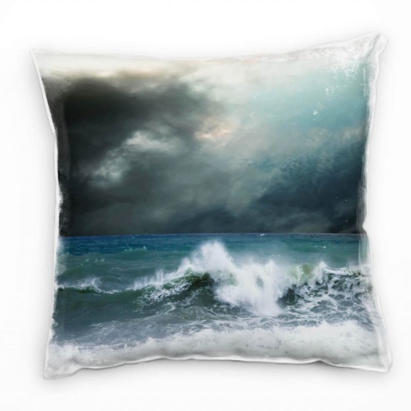 Strand und Meer, dunkel Wellen, Himmel, blau, weiß Deko Kissen 40x40cm für Couch Sofa Lounge Zierkis