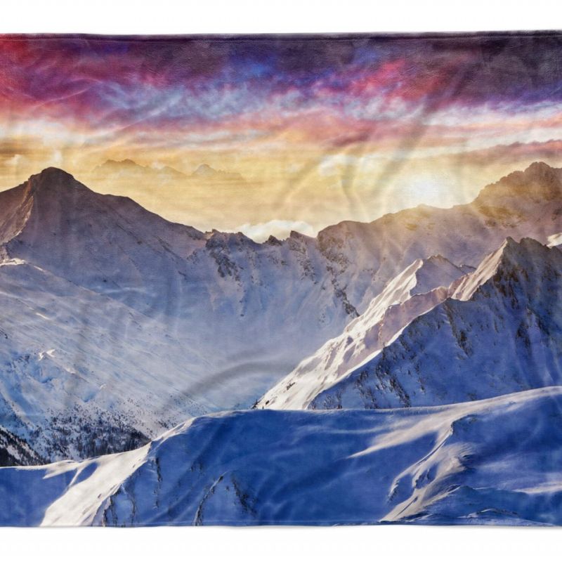 Handtuch Strandhandtuch Saunatuch Kuscheldecke mit Fotomotiv Schneegipfel Berge Sonnenunt