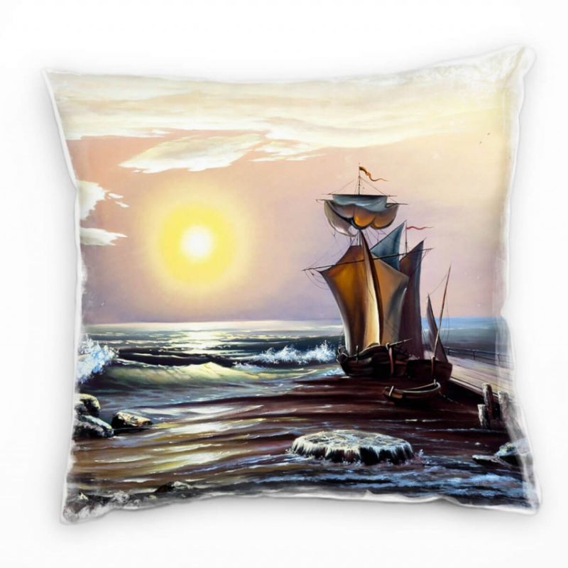 Meer, gelb, blau, Segelboot, Wellen, gemalt, Sonnenaufgang Deko Kissen 40x40cm für Couch Sofa Lounge