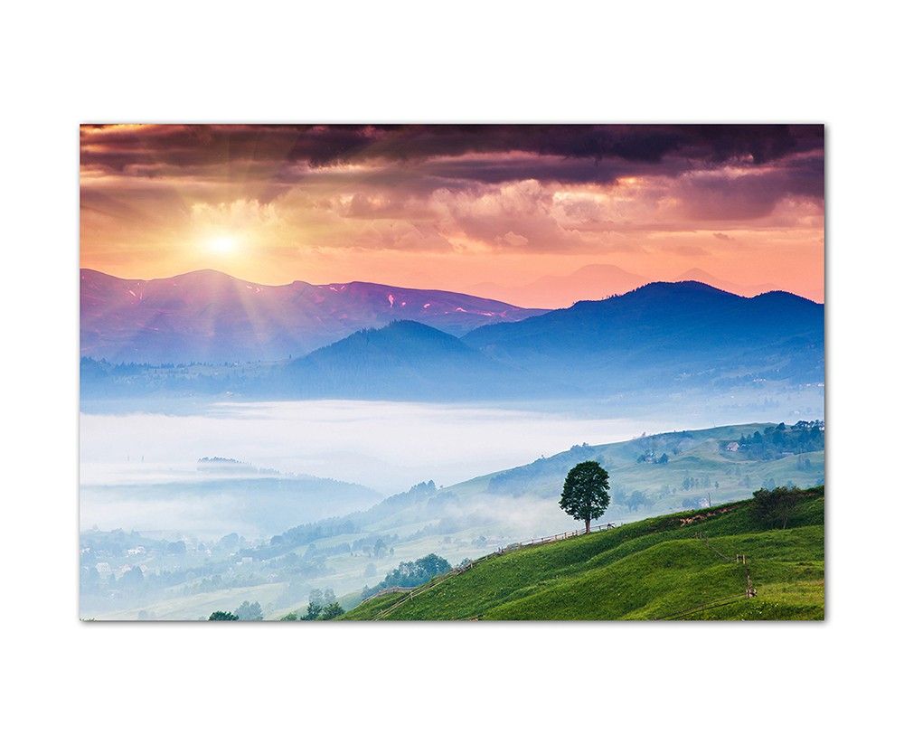 120x80cm Landschaft Berge Nebel Sonnenuntergang