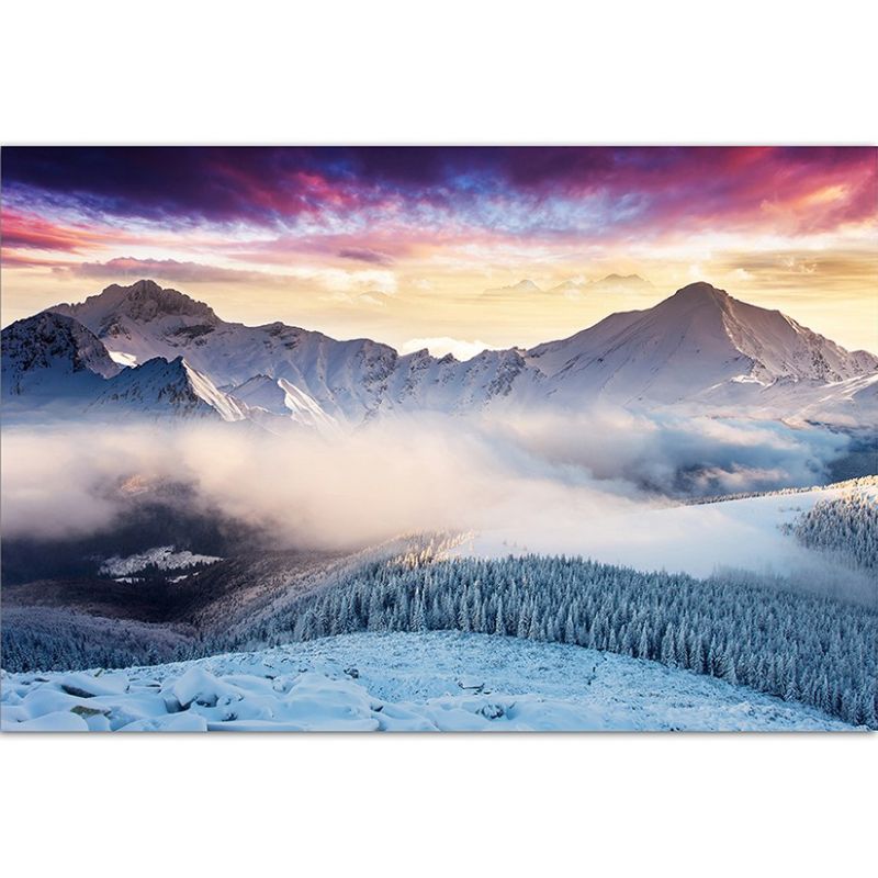 120x80cm Alpen Berge Schnee Nebel Abendrot