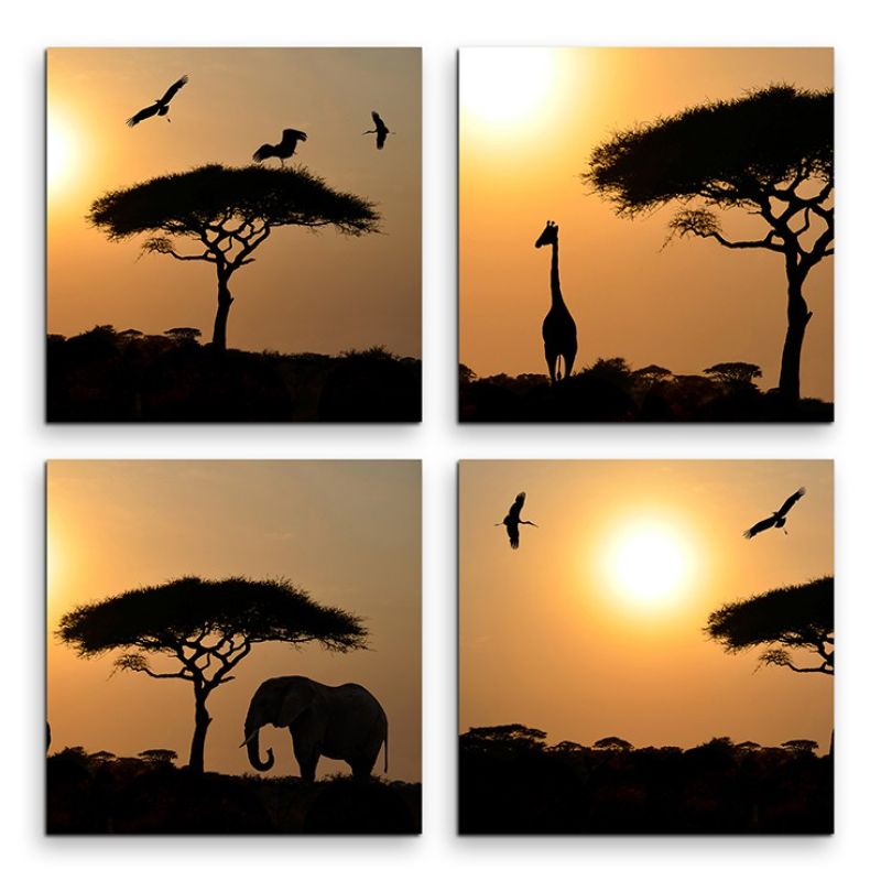 4 teiliges Leinwandbild je 30x30cm  –  Akazienbaum Afrika Sonnenuntergang Wüste Giraffe Elefant