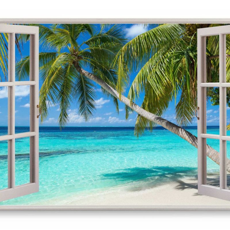 Wandbild 120x80cm Fensterbild Traumstrand Sommer Meer Türkis Palmen Südsee