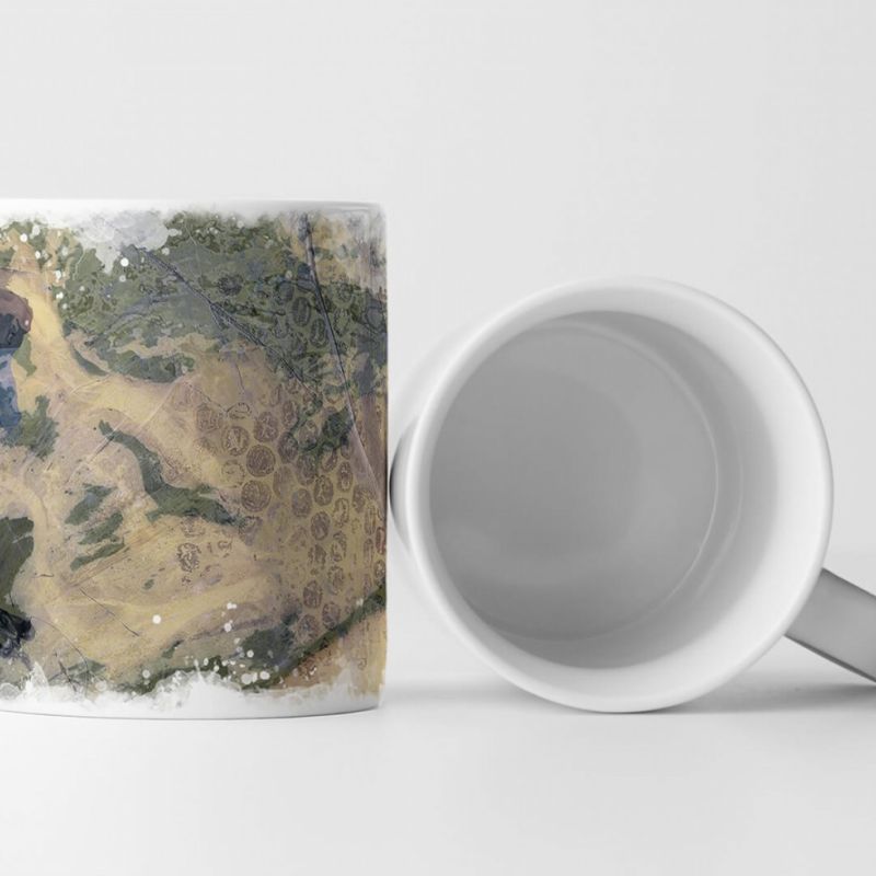 Tasse Geschenk sandbraune Grundierung, dunkelolivgrünen-braunen Muster