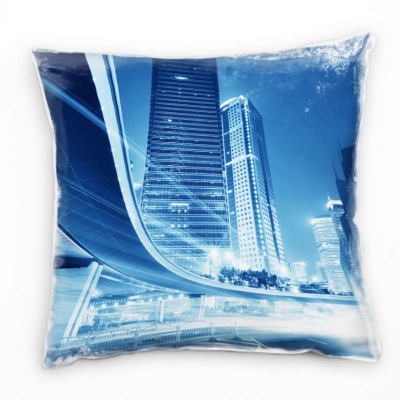 Urban und City, blau, Lichtlinien, Shanghai, Nacht Deko Kissen 40x40cm für Couch Sofa Lounge Zierkis