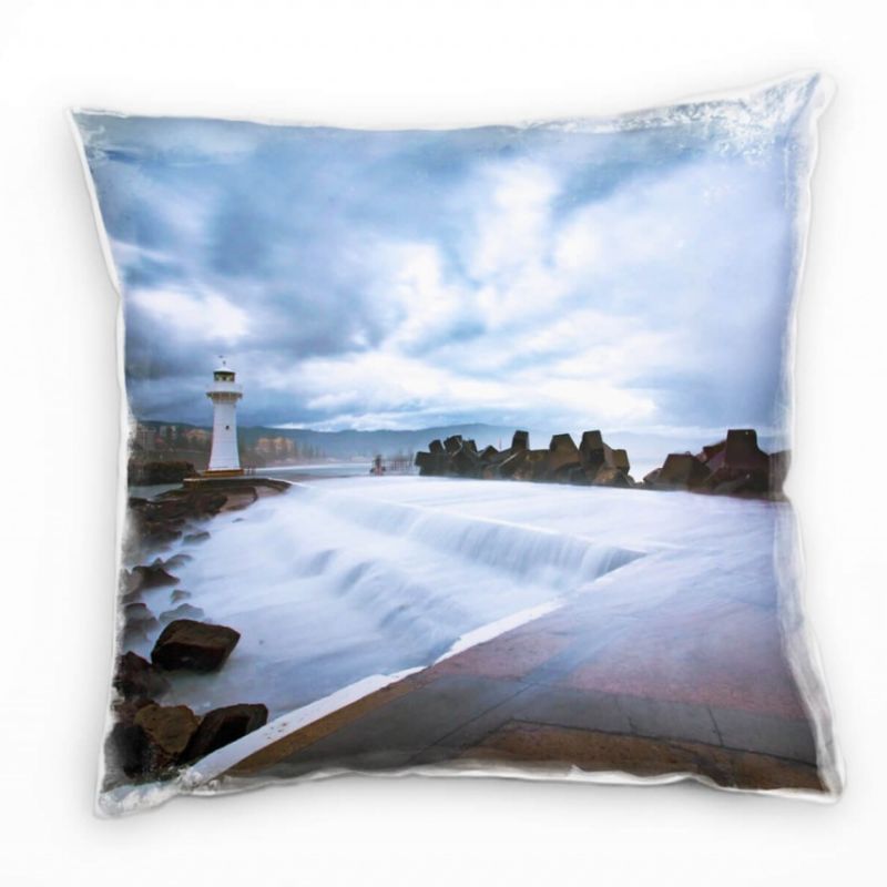 Strand und Meer, Brandung, Leuchtturm, grau Deko Kissen 40x40cm für Couch Sofa Lounge Zierkissen