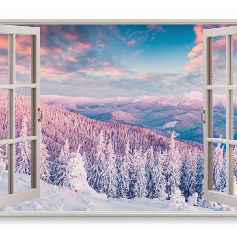 Wandbild 120x80cm Fensterbild Winterlandschaft Tannenwald Berge Schnee Winter