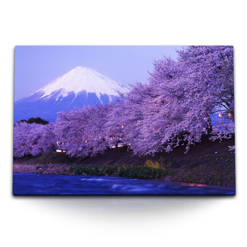 120x80cm Wandbild auf Leinwand Fuji Vulkan Japan Kirschblüten Violett Schneegipfel