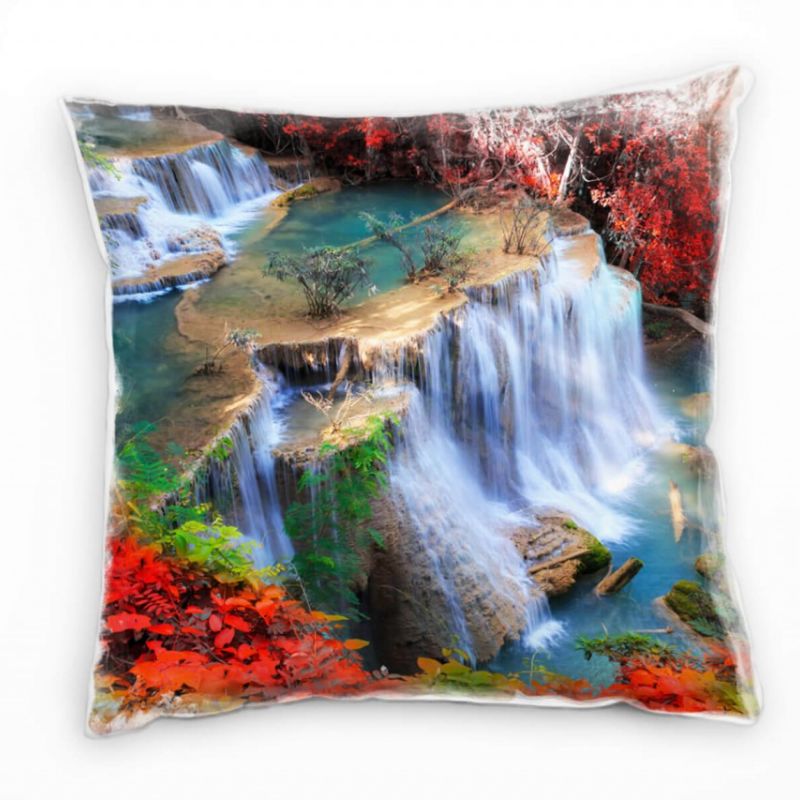 Natur, Herbst, Wasserfall, rot, braun, türkis Deko Kissen 40x40cm für Couch Sofa Lounge Zierkissen