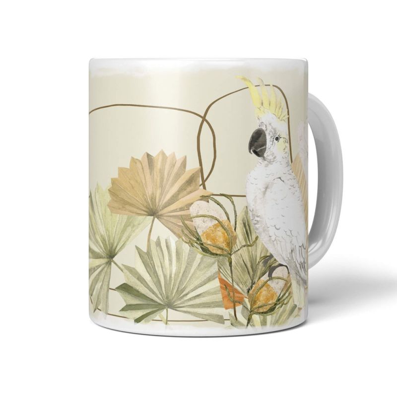 Dekorative Tasse mit schönem Vogel Motiv Kakadus Blumen Blüten Exotisch Kunstvoll Vintage