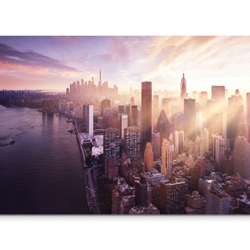 120x80cm Wandbild New York Manhattan Wolkenkratzer Wasser Abendlicht