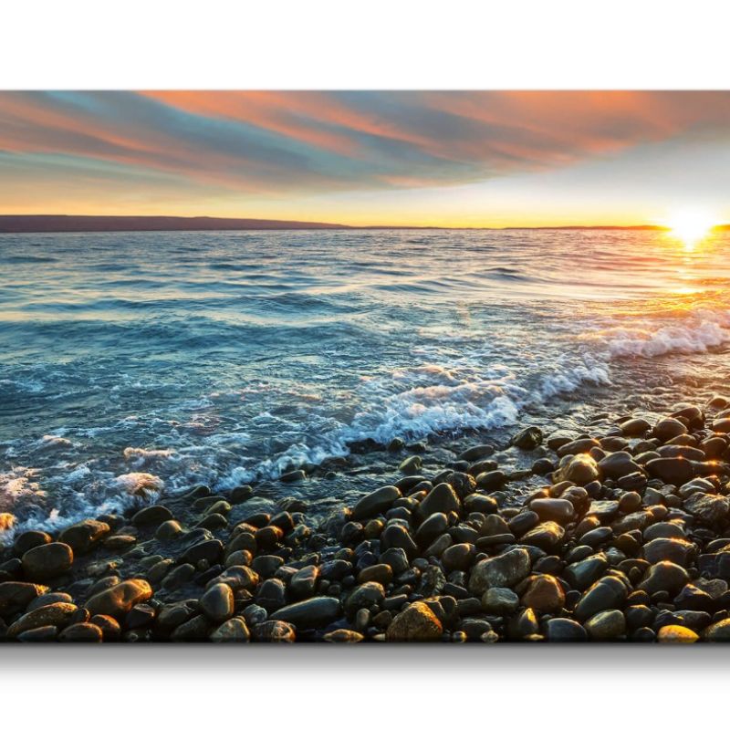 Leinwandbild 120x60cm Sonnenuntergang Abendröte Meer runde Steine Natur Wunderschön