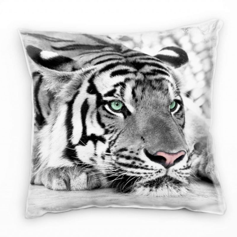 Tiere, weißer Tiger, grüne Augen, grauer Hintergrund Deko Kissen 40x40cm für Couch Sofa Lounge Zierk