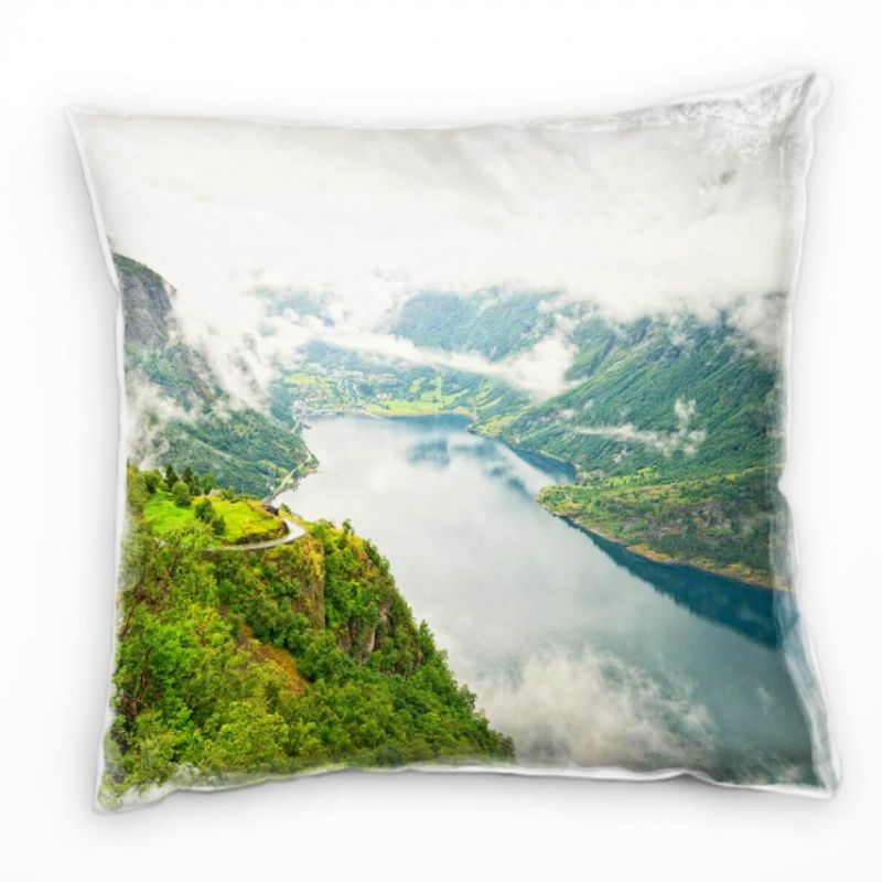 Landschaft, grün, grau, norwegischer Fjord Deko Kissen 40x40cm für Couch Sofa Lounge Zierkissen