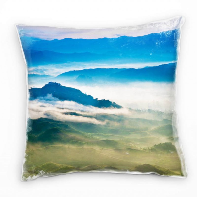 Landschaft, blau, grün, Berge, Nebel, China Deko Kissen 40x40cm für Couch Sofa Lounge Zierkissen