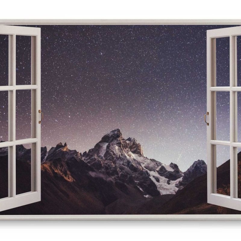 Wandbild 120x80cm Fensterbild Sternenhimmel Berge Bergspitze Gipfel Sterne Astrofotografie