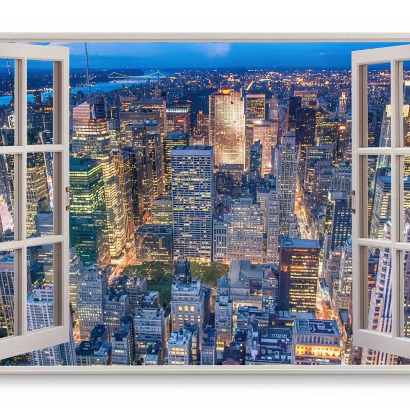 Wandbild 120x80cm Fensterbild Großstadt Hochhäuser Skyline Blau Stadtlichter