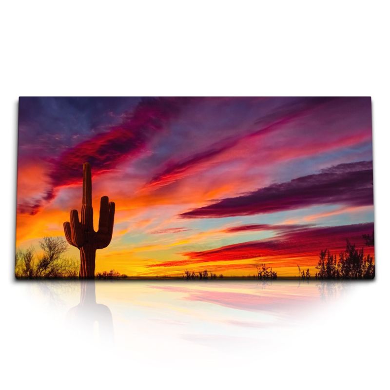 Kunstdruck Bilder 120x60cm Mexikanische Landschaft Kaktus Abendrot roter Himmel