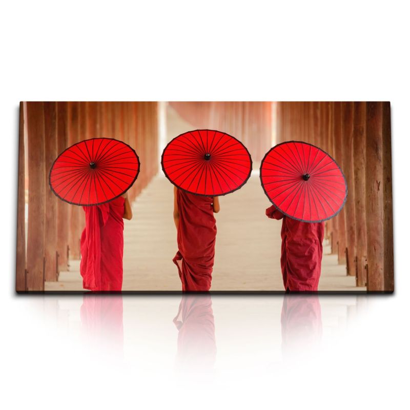 Kunstdruck Bilder 120x60cm Thailand Mönche Buddhismus rote Sonnenschirme Tempel