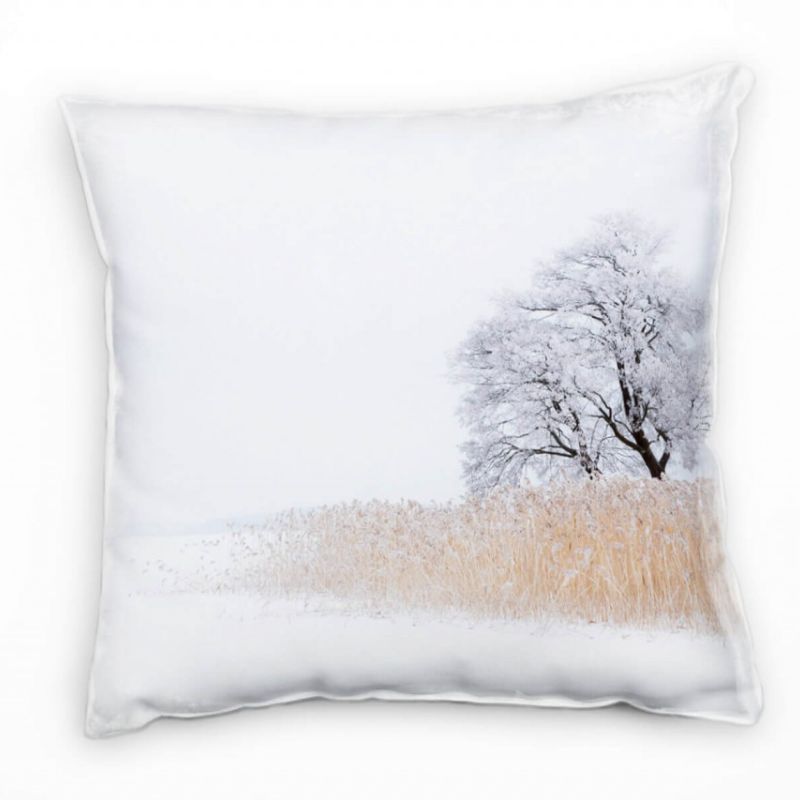 Winter, weiß, braun, zugefrorener See, Schilf Baum Deko Kissen 40x40cm für Couch Sofa Lounge Zierkis