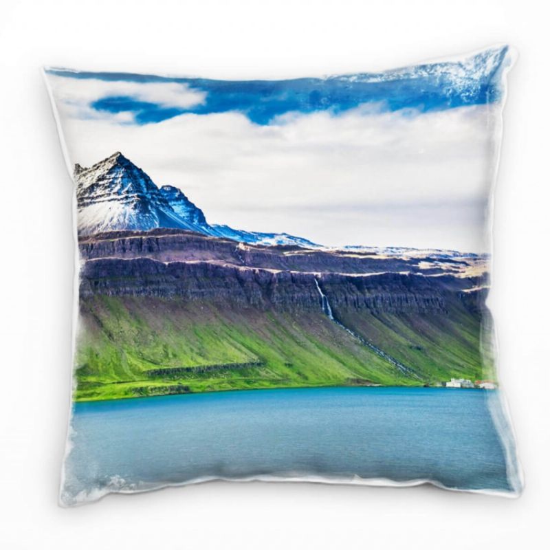 Landschaft, Fjord Island, Berg, grün, blau, braun Deko Kissen 40x40cm für Couch Sofa Lounge Zierkiss