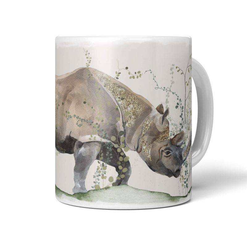 Tasse Porzellan Tier Motiv Nashorn Afrika Safari Aquarell Pastelltöne Gold Dekorativ