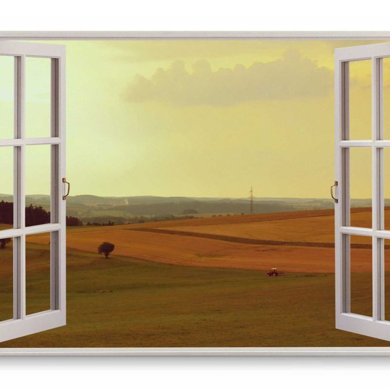 Wandbild 120x80cm Fensterbild Natur Landschaft Felder Traktor Horizont Sonnenuntergang