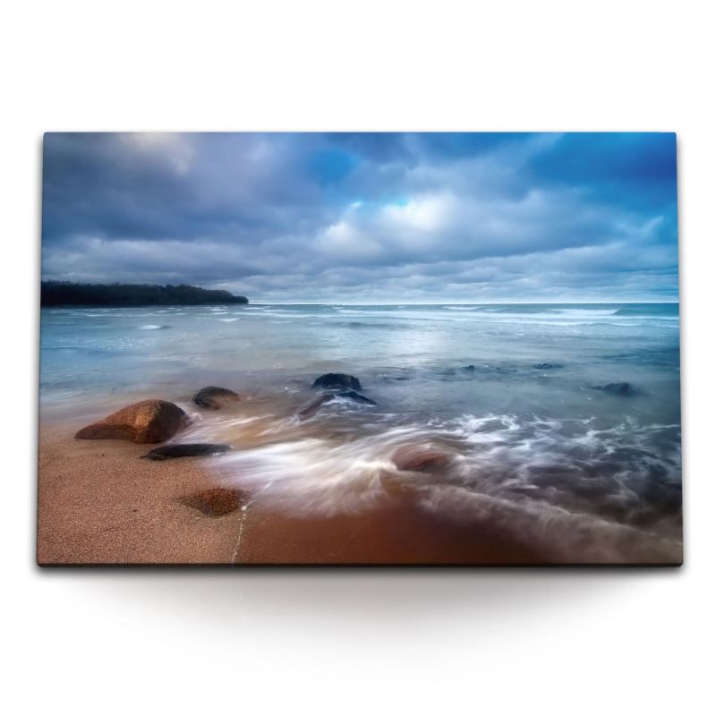 120x80cm Wandbild auf Leinwand Strand Meer Horizont Wolken Küste Wellen